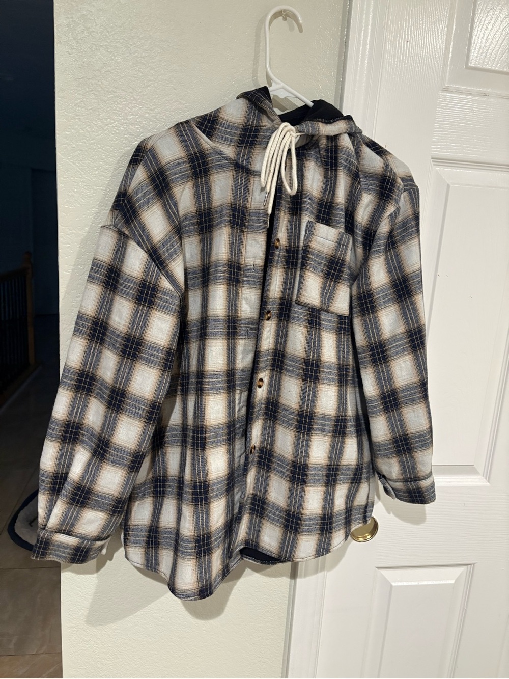 Navy Blue, White and Tan Plaid Button-Down Hooded Shirt